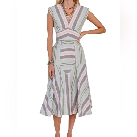 HUNTER BELL | Dresses | Hunter Bell Jordan Linen Cotton Stripe Vneck Fit  Flare Midi Dress Size M | Poshmark